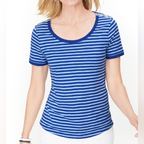 TALBOTS Grosgrain Trim Stripe Tee - Blue Twilight /Vista Blue Plus 1X - Picture 1 of 12